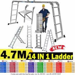 4.7m Folding Ladder Multi-Purpose Aluminium Extension with Safety Platform, 16 Steps Heavy Duty Combination EN131 Standard