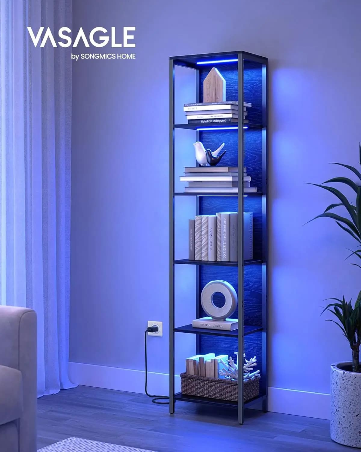 VASAGLE 6-Tier LED Bookcase, Bookshelf with Dimmable Lights, Storage Shelf with Steel Frame, 30.3 x 40 x 178.6 cm