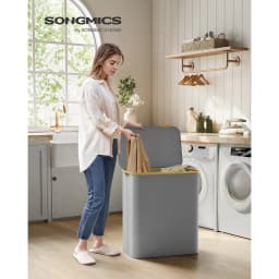 SONGMICS Laundry Basket with Lid,3-Section Large Laundry Hamper,Removable Mesh Liner,Oxford Fabric,Bamboo Handles,Collapsible