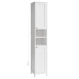VASAGLE Tall Bathroom Cabinet with Lights, Freestanding Narrow Storage Unit with Adjustable Shelves, Open Compartments