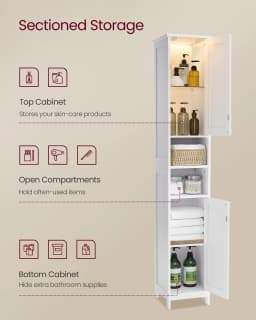 VASAGLE Tall Bathroom Cabinet with Lights, Freestanding Narrow Storage Unit with Adjustable Shelves, Open Compartments