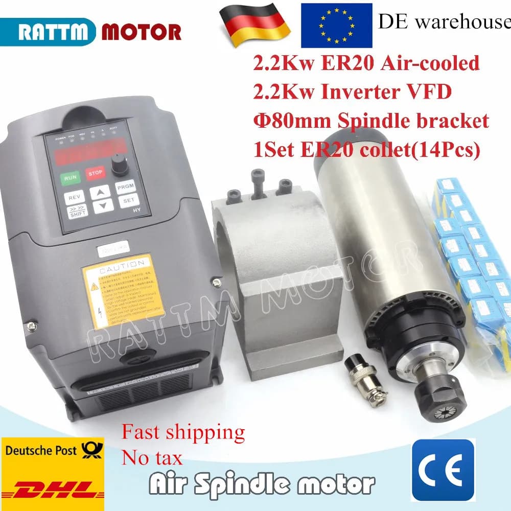 Air Cooled CNC spindle motor Kit 2.2KW ER20 400HZ 24000RPM + HY VFD inverter + 1set ER20 Collet For Milling Router Machine