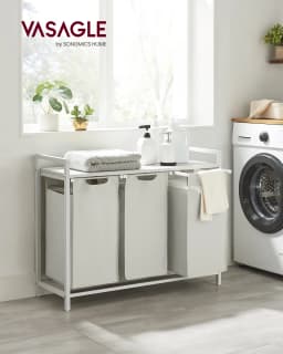 VASAGLE Laundry Basket, 3-Compartment Laundry Hamper, Pull-Out and Removable Laundry Bags, Laundry Sorter, Shelf, Metal Frame
