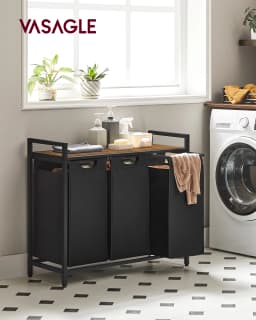 VASAGLE Laundry Basket, 3-Compartment Laundry Hamper, Pull-Out and Removable Laundry Bags, Laundry Sorter, Shelf, Metal Frame