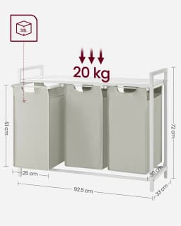 VASAGLE Laundry Basket, 3-Compartment Laundry Hamper, Pull-Out and Removable Laundry Bags, Laundry Sorter, Shelf, Metal Frame