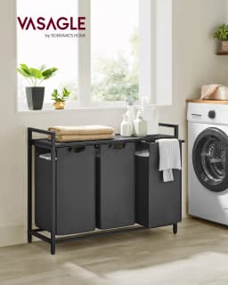 VASAGLE Laundry Basket, 3-Compartment Laundry Hamper, Pull-Out and Removable Laundry Bags, Laundry Sorter, Shelf, Metal Frame