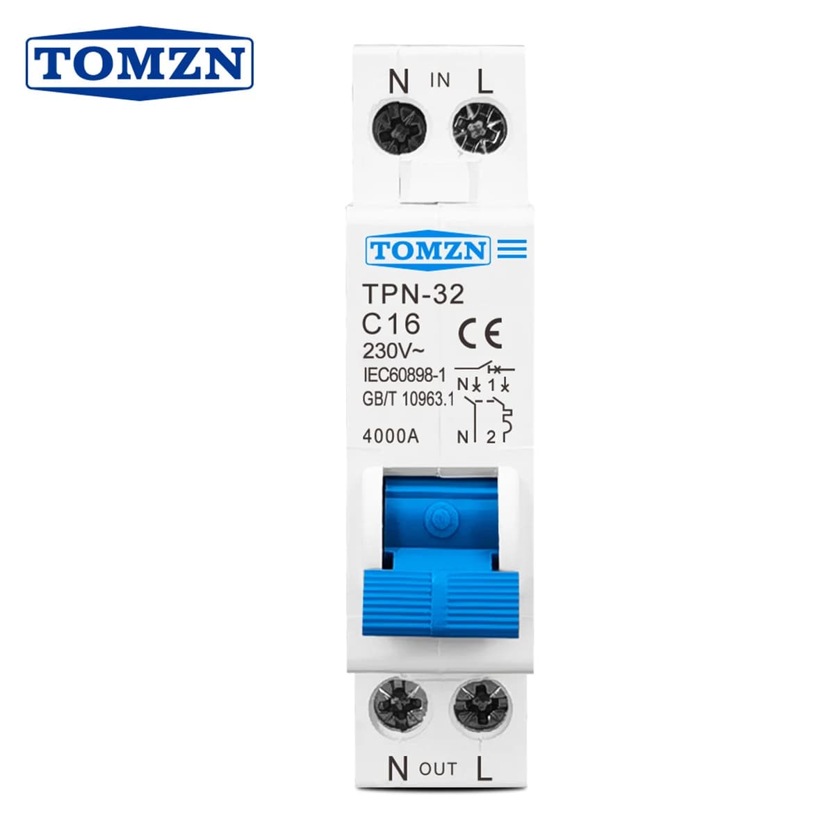 TOMZN TPN 1P+N Mini Circuit Breaker MCB 10A 16A 20A 25A 32A 230V AC DIN Rail