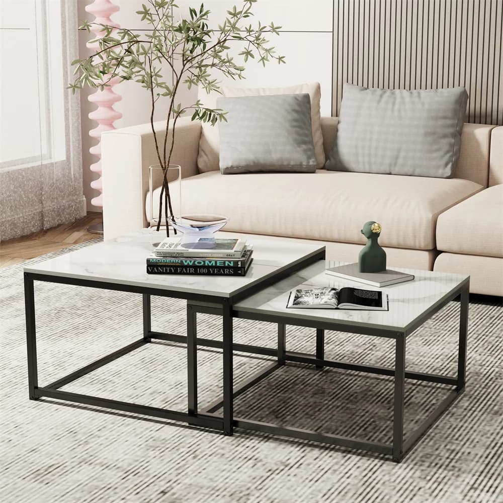 LUVODI Nesting Coffee Table Set of 2 Sintered Stone Top Black Metal Frame Space Saving Accent Tables for Living Room