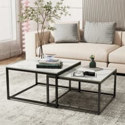 LUVODI Nesting Coffee Table Set of 2 Sintered Stone Top Black Metal Frame Space Saving Accent Tables for Living Room