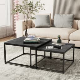 LUVODI Nesting Coffee Table Set of 2 Sintered Stone Top Black Metal Frame Space Saving Accent Tables for Living Room
