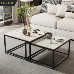 LUVODI Nesting Coffee Table Set of 2 Sintered Stone Top Black Metal Frame Space Saving Accent Tables for Living Room