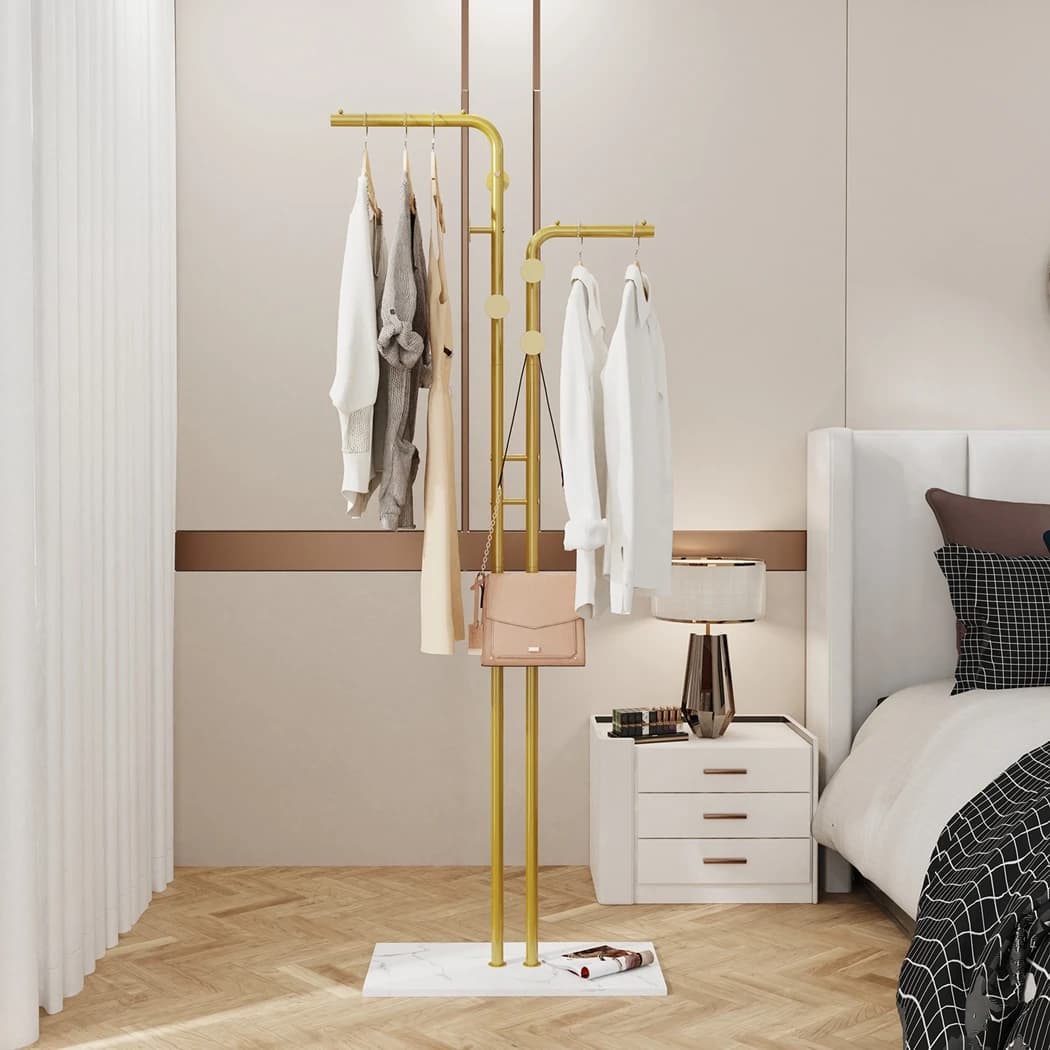 Heavy Duty Metal Coat Rack Stand Free Standing Gold Coat Hanger Garment Rack Hat Stand with 5 Hooks and Marble Base