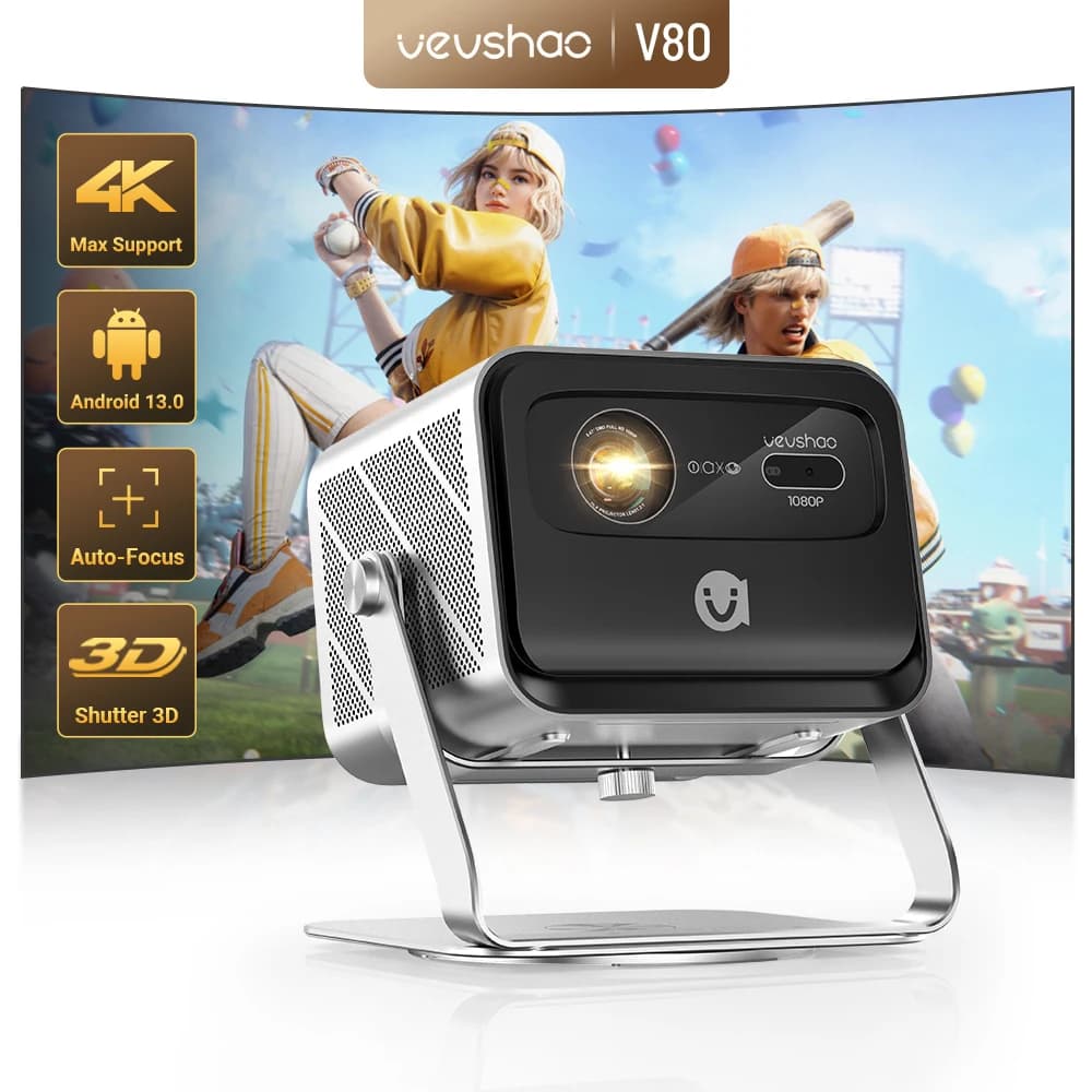 VEVSHAO V80 4K Projector Full HD1080P 2200 Anis Lumens Android 11.0 WiFi 6 Video Home Movie Theater Projectors with Base Stand