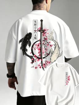 Summer Hot Japanese Yin Yang Koi Fish & Samurai Sword Pattern Cotton Men’s T-Shirt Short Sleeve Tees Casual Oversized Unisex Top