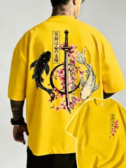 Summer Hot Japanese Yin Yang Koi Fish & Samurai Sword Pattern Cotton Men’s T-Shirt Short Sleeve Tees Casual Oversized Unisex Top