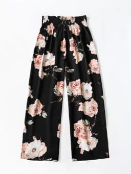 【Plus Size Floral Print Bow Front Wide Leg Pants, Boho Shirred High Waist Trousers for Holiday Wear