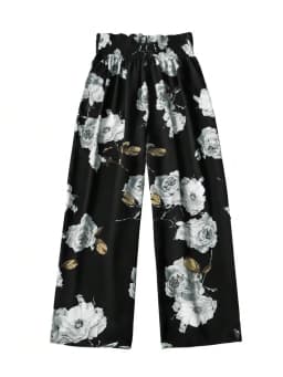 【Plus Size Floral Print Bow Front Wide Leg Pants, Boho Shirred High Waist Trousers for Holiday Wear