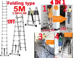 16.5FT(8.2ft+8.2ft)/5M Multi-Purpose Telescopic Aluminium Ladder,Extendable Folding Ladder, Non-Slip Steps, 150 kg Load Capacity