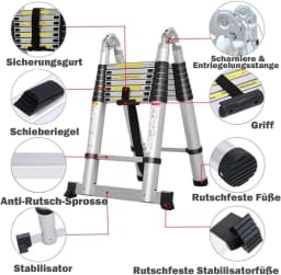 16.5FT(8.2ft+8.2ft)/5M Multi-Purpose Telescopic Aluminium Ladder,Extendable Folding Ladder, Non-Slip Steps, 150 kg Load Capacity