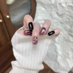 10pcs Black Purple Gothic Style 3d Cross Short Square Cat Eye Press On Fake Nails Cool Reusable Adhesive False Nails
