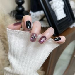 10pcs Black Purple Gothic Style 3d Cross Short Square Cat Eye Press On Fake Nails Cool Reusable Adhesive False Nails