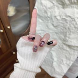 10pcs Black Purple Gothic Style 3d Cross Short Square Cat Eye Press On Fake Nails Cool Reusable Adhesive False Nails