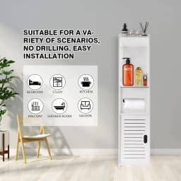 DayPlus Bathroom Waterproof Cabinet w/Paper Drawer,Tall Toilet Storage Cupboard,White Organizer Shelves,Free-standing Storage