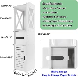 DayPlus Bathroom Waterproof Cabinet w/Paper Drawer,Tall Toilet Storage Cupboard,White Organizer Shelves,Free-standing Storage
