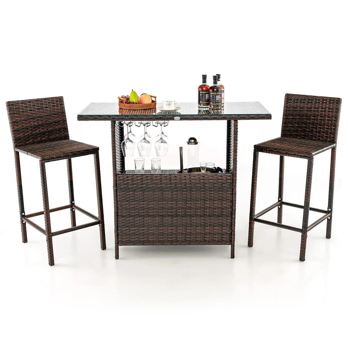 GOFLAME 3 Piece Patio Wicker Garden Bar Set Rattan Bar Height Table Hidden Storage Shelf