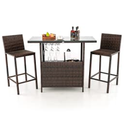 GOFLAME 3 Piece Patio Wicker Garden Bar Set Rattan Bar Height Table Hidden Storage Shelf