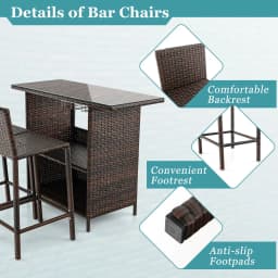 GOFLAME 3 Piece Patio Wicker Garden Bar Set Rattan Bar Height Table Hidden Storage Shelf