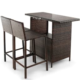 GOFLAME 3 Piece Patio Wicker Garden Bar Set Rattan Bar Height Table Hidden Storage Shelf