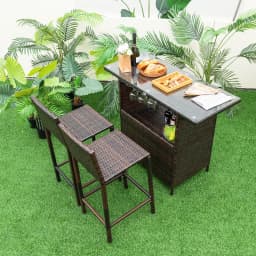 GOFLAME 3 Piece Patio Wicker Garden Bar Set Rattan Bar Height Table Hidden Storage Shelf