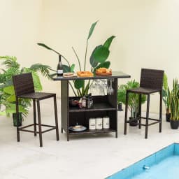 GOFLAME 3 Piece Patio Wicker Garden Bar Set Rattan Bar Height Table Hidden Storage Shelf