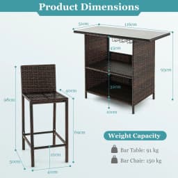 GOFLAME 3 Piece Patio Wicker Garden Bar Set Rattan Bar Height Table Hidden Storage Shelf