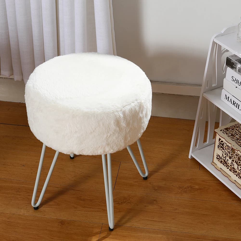 Voltsify White Round Plush Vanity Stool with Metal Legs Living Room Shoe Changing Stool Leisure Stool Furniture