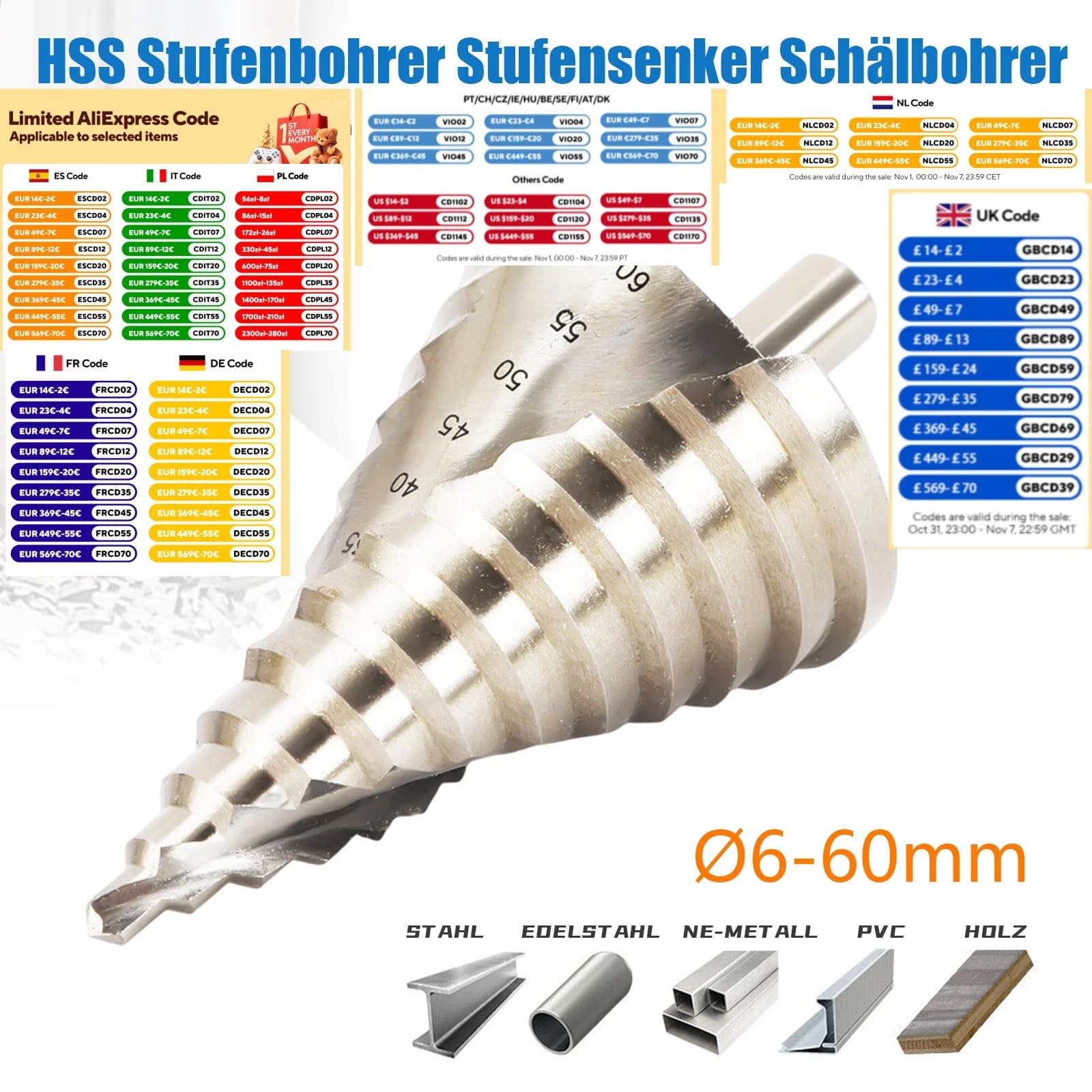 6-60mm Titanium  Cone Drill High Speed Steel Peel Professional Ladder Drill Bit Sink Step Drill HSS