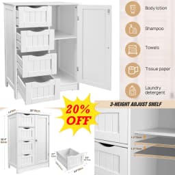 Bathroom Floor Cabinet Storage Organizer with 4 Drawers & 1 Door Free Standing Cupboard Unit White, w/Adjustable Shelf