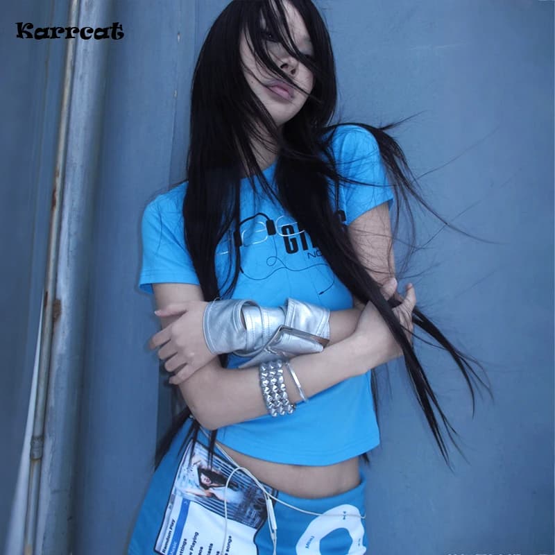 Karrcat Trashy Y2k Letter Print T-shirt Grunge Aesthetics Short Sleeve Crop Tops Vintage 2000s Style Streetwear American Retro