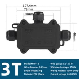 IP68 Outdoor Waterproof Junction Box – Black, 3 Way Mini Connector Box with PC Plastic and Terminal, Designed for Buried Wires