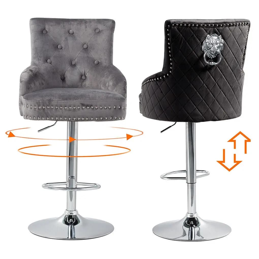 Luxury Velvet Swivel Bar Stools with Lion Knocker Upholstered Dining Chairs for Home Bar Table