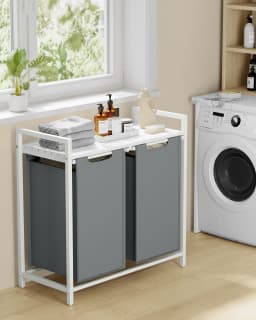 VASAGLE Laundry Basket, 2-Compartment, Pull-Out and Removable Laundry Bags,Metal Frame, 2 x 46L, 73 x 33 x 72 cm