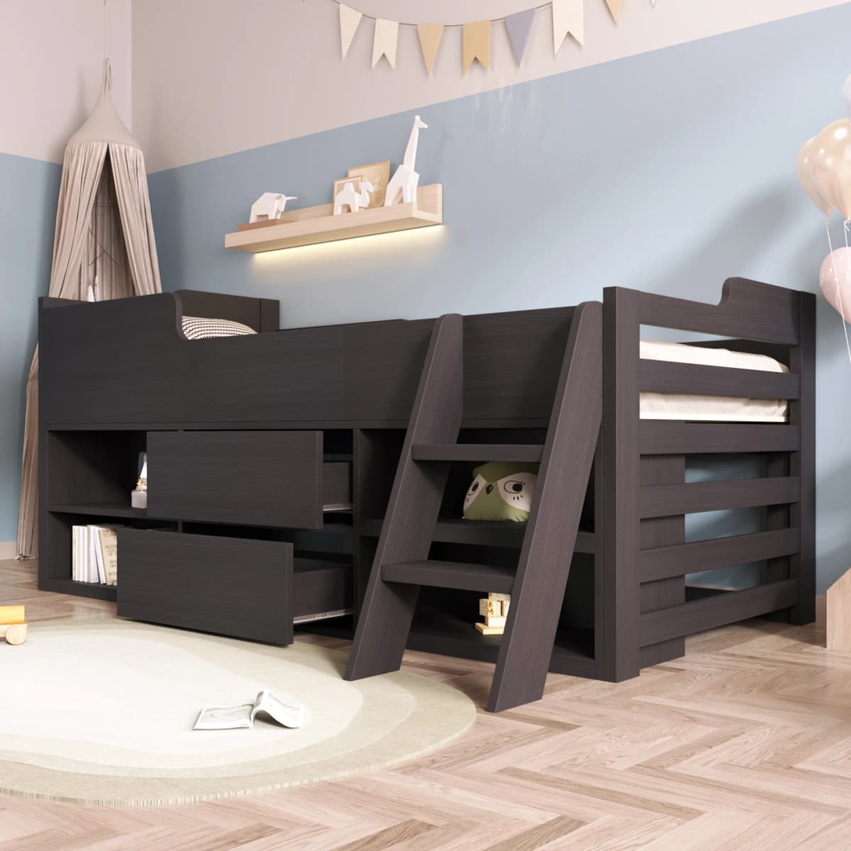 Cabin Bed Frame with Drawers Shelf Storage Low Single Children's Wooden Bed (90 x 190 cm) Frame Only