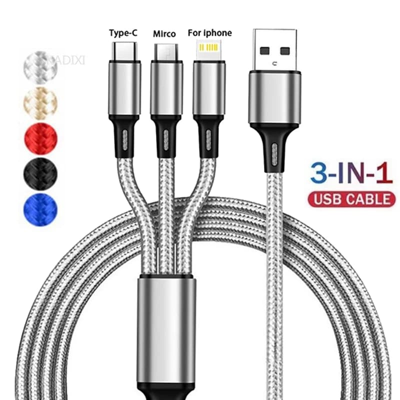 KADIXI 3 In 1 USB Fast Charging Cable Type C Micro IOS Multi Charger Cable for iPhone Huawei Samsung Nylon Braided Cord