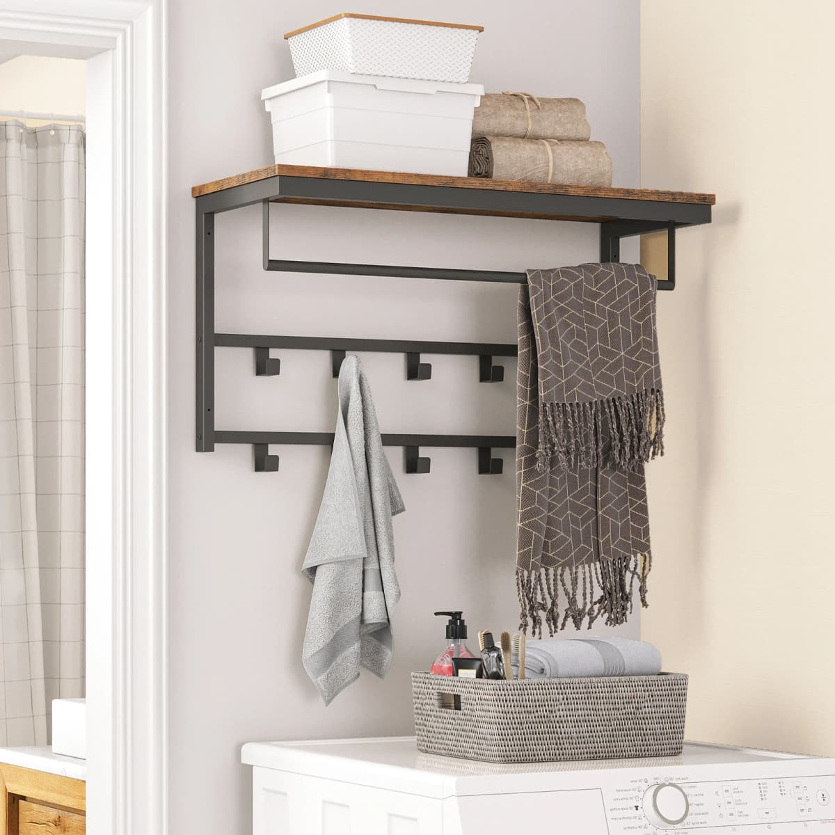 Coat Rack Wall-Mounted, Coat Hook with 10 Hooks and Shelf Hanging Rail, for Entryway, Bathroom, Living Room, Laundry Room