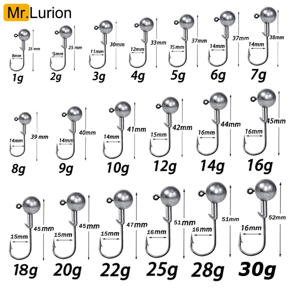 MrLurion 1g 2g 3g 4g 5g 10g 20g 22g 25g 28g Fishing Jig Head Hook, Rigging Hook for Crank Soft Grub Worm Lure Bait Sharp Hooks