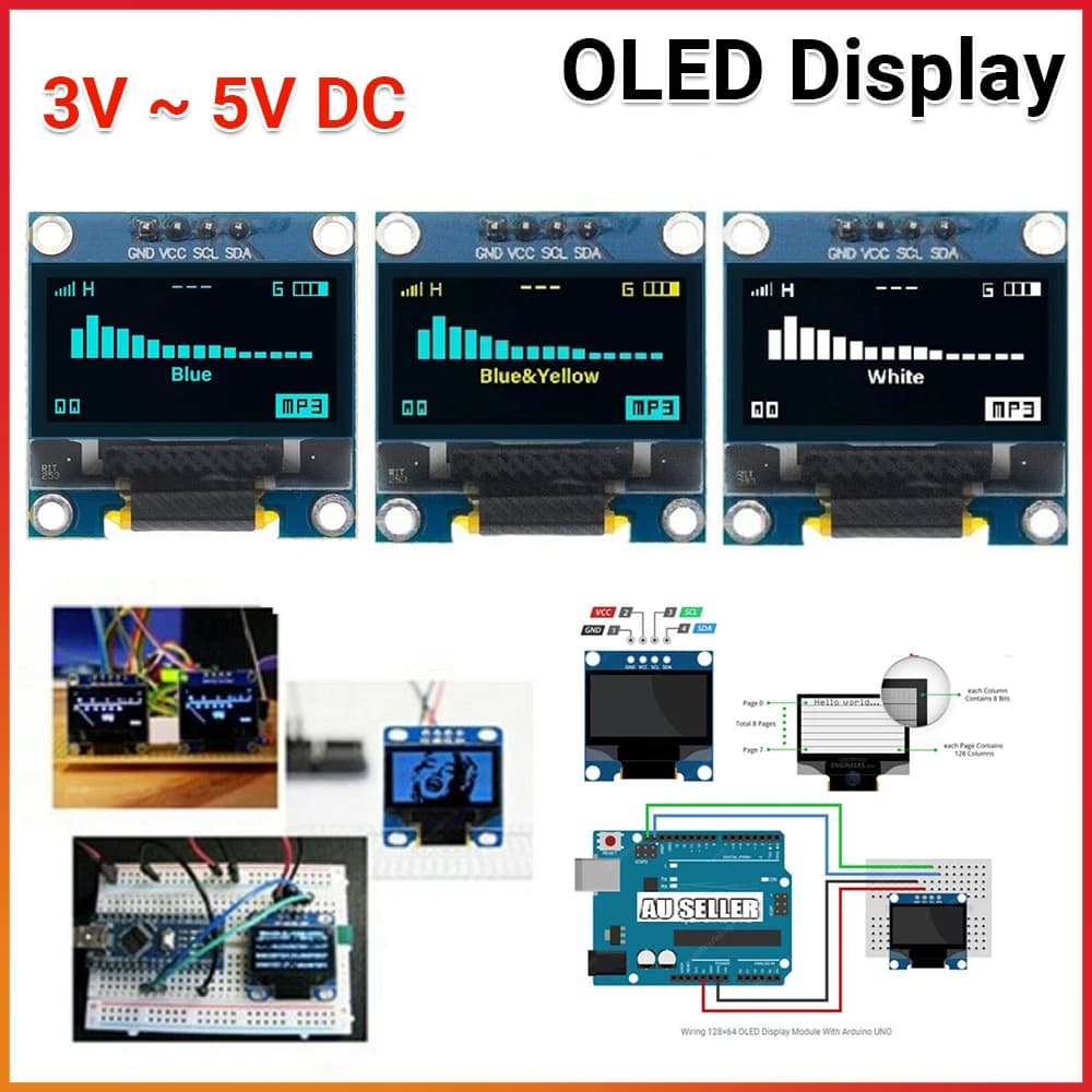 0.96" OLED Display 128x64 I2C SSD1306 for Arduino Uno Mega 2560 BlueYellow/White
