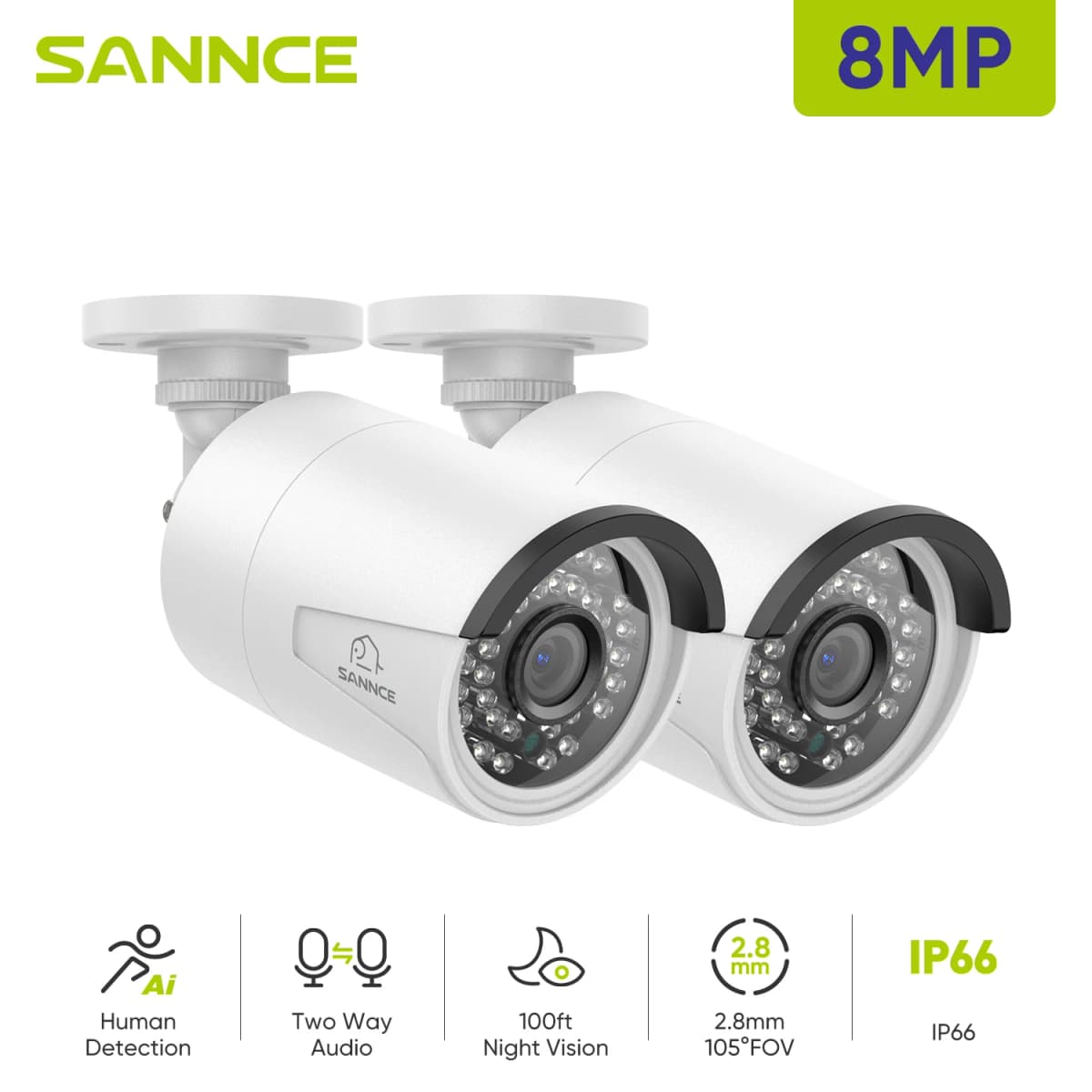 SANNCE 2Pcs 4K 8MP PoE IP Security Camera for PoE NVR, Outdoor Weatherproof Cameras with Smart IR LEDs, Night Vision