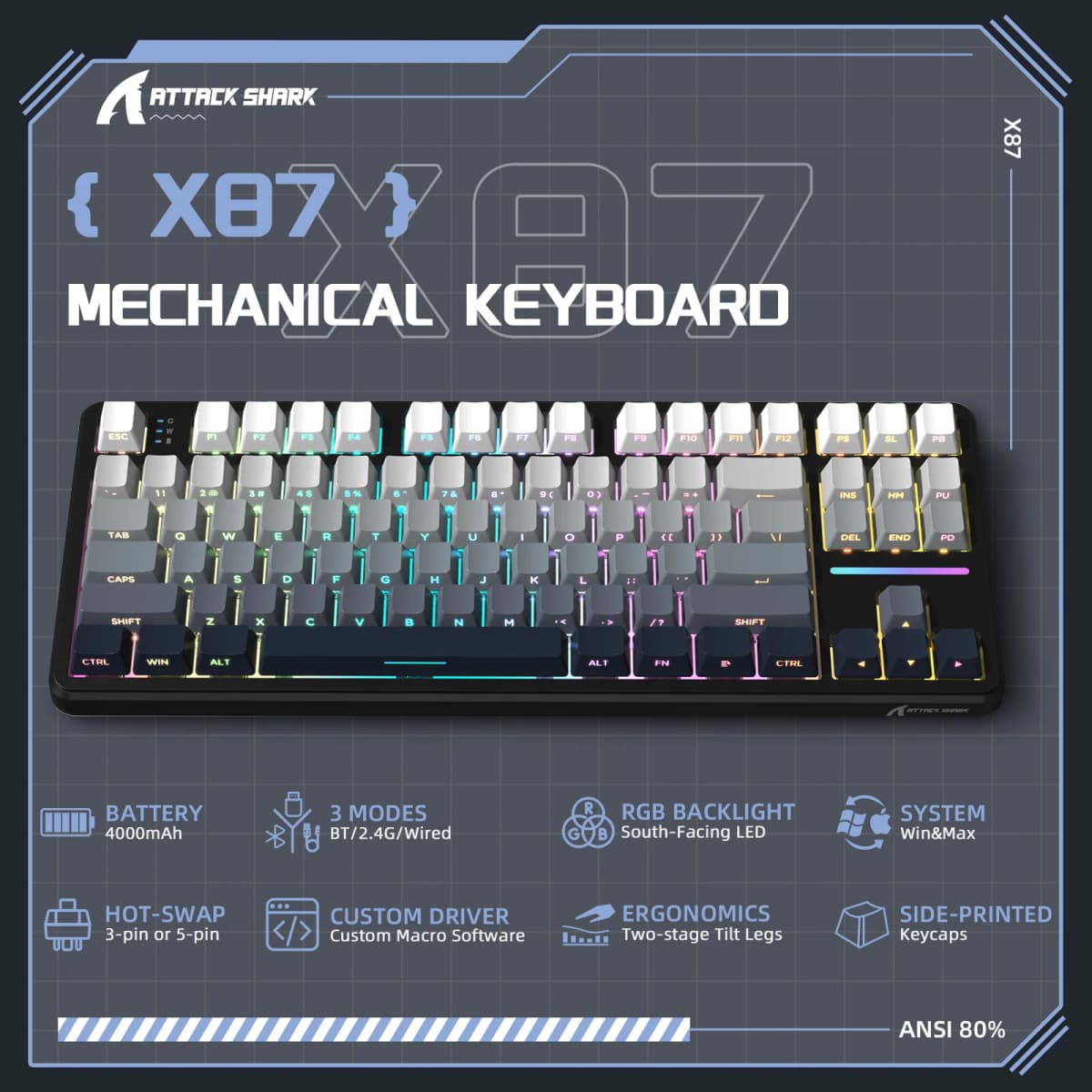 ATTACK SHARK X87 Wireless Mechanical Keyboard, Tri Mode-BT/2.4G/Wired, Hot-swappable Linear Switch, Side-printed PBT Keycap, RGB
