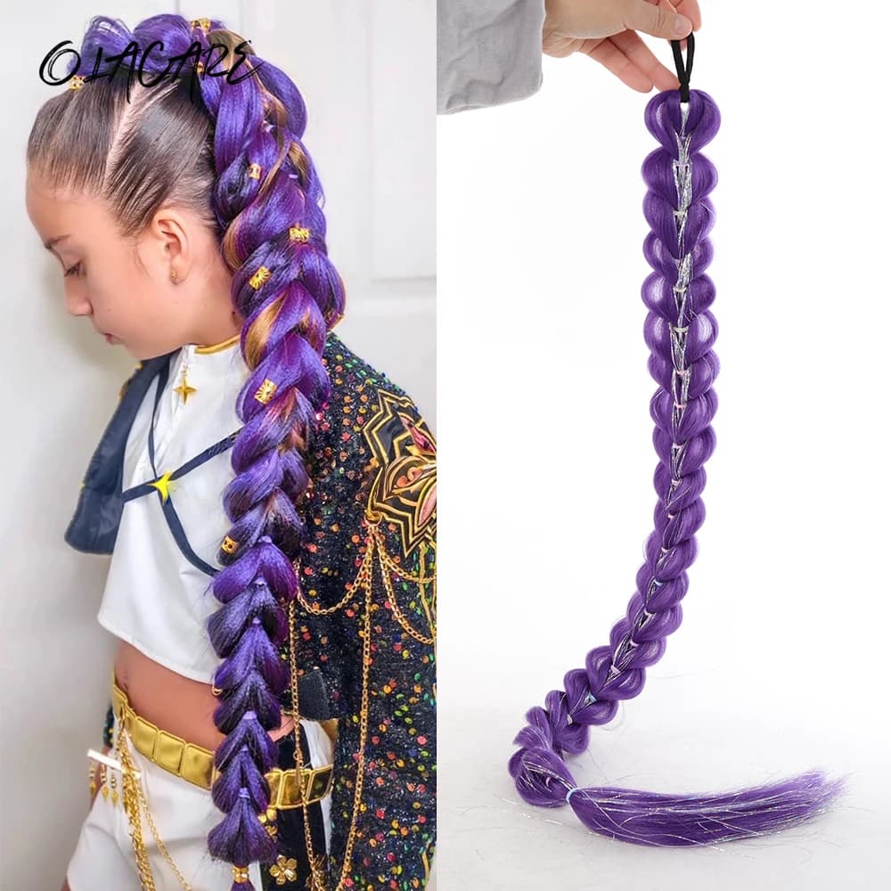 32inch Braided Purple Hair Ponytail with Tinsel Hair Wig Super Extensions Shiny Tinsel Hair for Kids Christmas Cosplay Rumi Hair